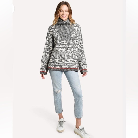 Line Helga Quarter Zip Pullover Sweater Geometric Fair Isle Alpine Gray L NEW - Picture 3 of 14